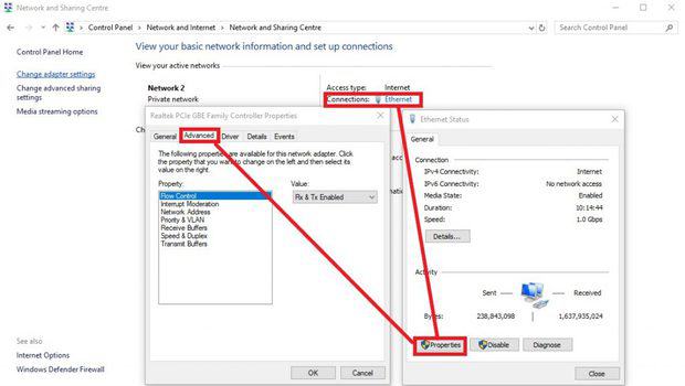 Navigating to the network adapter properties from the network and sharing center